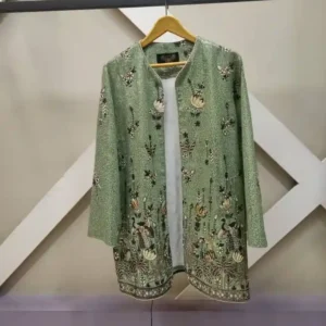 کت حریر هندی سوزن‌ دوزی شده سبز با طراحی طلایی