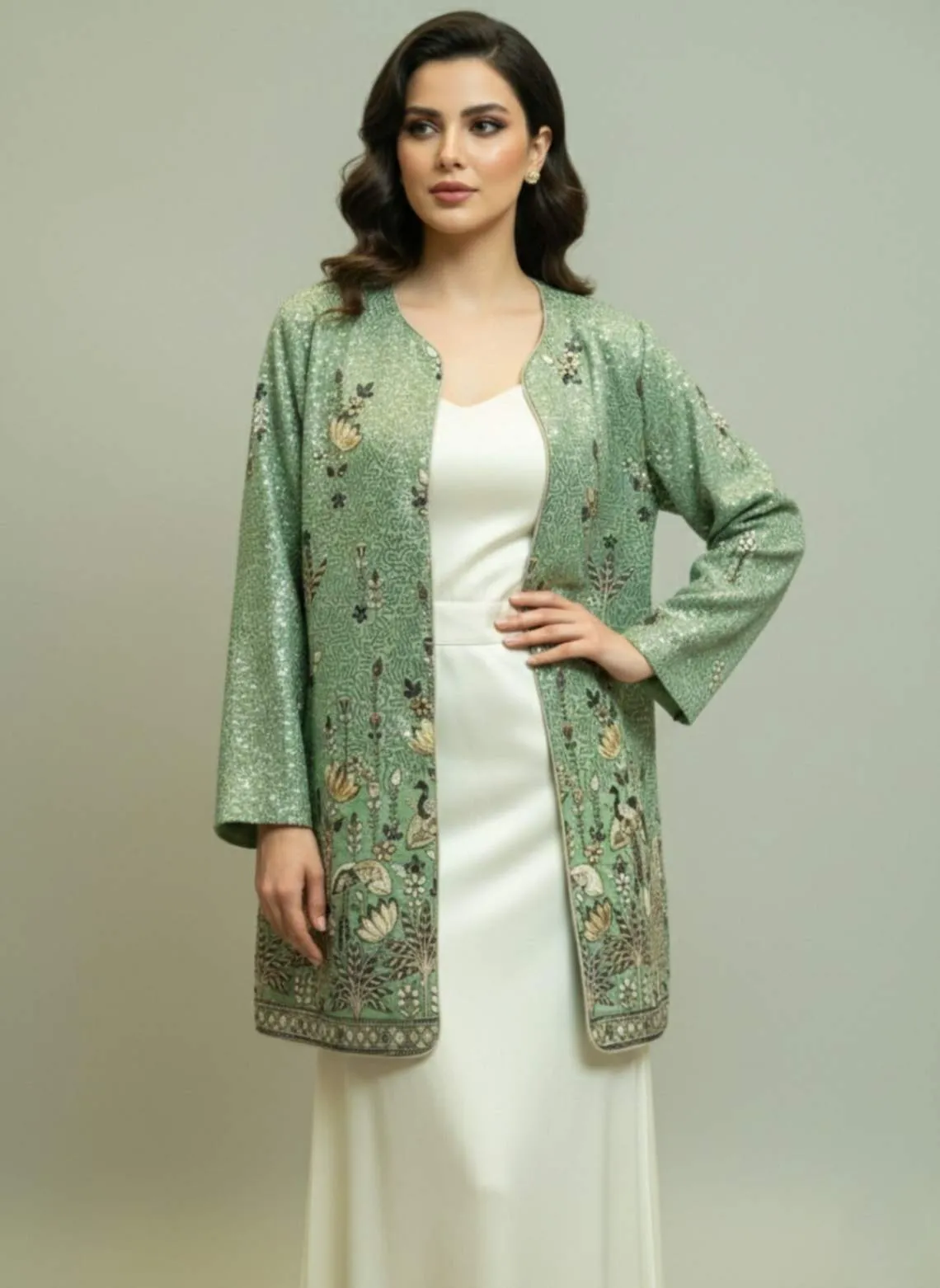 Handloom-Silk-Embroidered-Jacket-green-model (2) کت حریر هندی سوزن دوزی شده کد 005 - Image 1