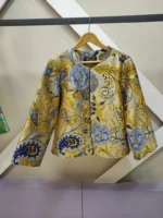 کت کراپ ژاکارد گلدار زرد یقه گرد دو سایزی