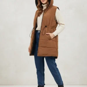 پافر سیلیکونی زنانه قهوه ای، کمر گت، جیبدار، کلاه دار. فری سایز