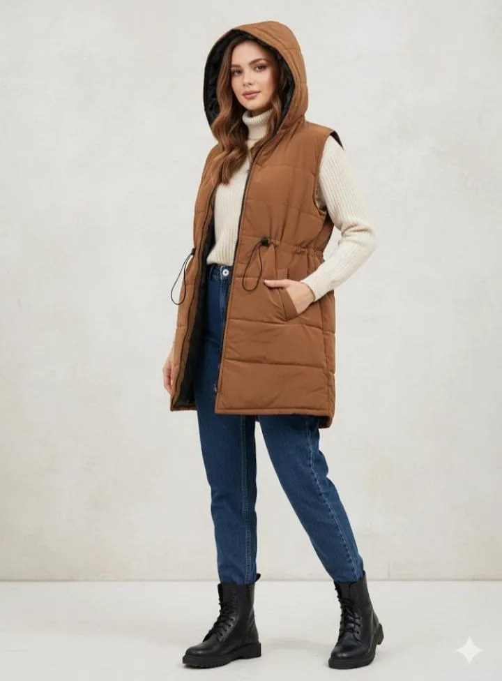 پافر سیلیکونی زنانه قهوه ای، کمر گت، جیبدار، کلاه دار. فری سایز