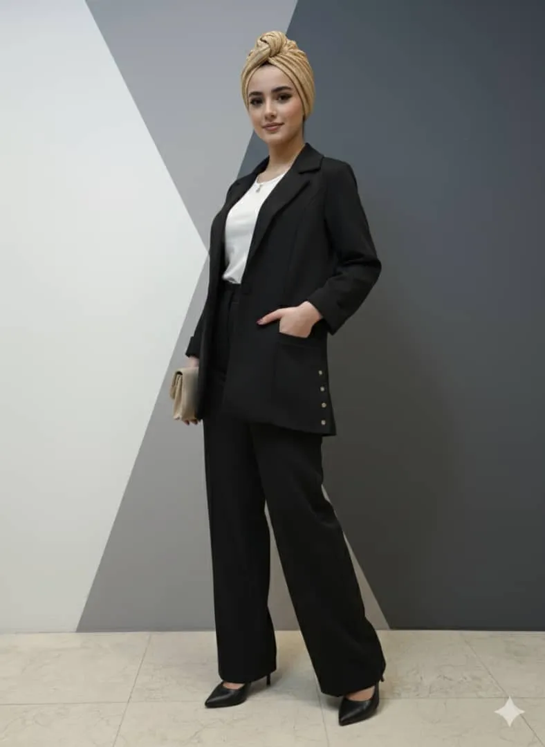 کت و شلوار مجلسی مشکی زنانه بغل دکمه، پارچه مازراتی کج راه، شلوار دمپا گشاد