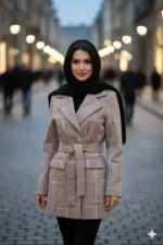 پالتو زنانه کرم چهارخونه بدون دکمه با کمربند، طراحی شیک و آستر کامل، مناسب برای فصل‌های سرد سایز 42 تا 52