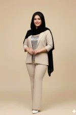 کت و شلوار مجلسی کرم رنگ زنانه بغل دکمه، پارچه مازراتی کج راه، شلوار دمپا گشاد