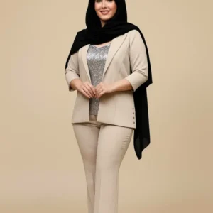 کت و شلوار مجلسی کرم رنگ زنانه بغل دکمه، پارچه مازراتی کج راه، شلوار دمپا گشاد