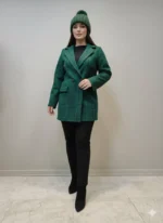 پالتو زنانه آستردار جلو دکمه فوتر با طرح چهارخونه سبز