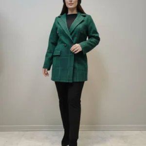 پالتو زنانه آستردار جلو دکمه فوتر با طرح چهارخونه سبز