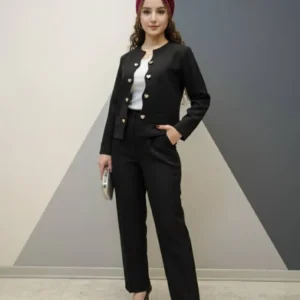کت و شلوار دکمه قلبی دخترانه مشکی رنگ دارای سه سایز مناسب دختران 8 تا 18 سال