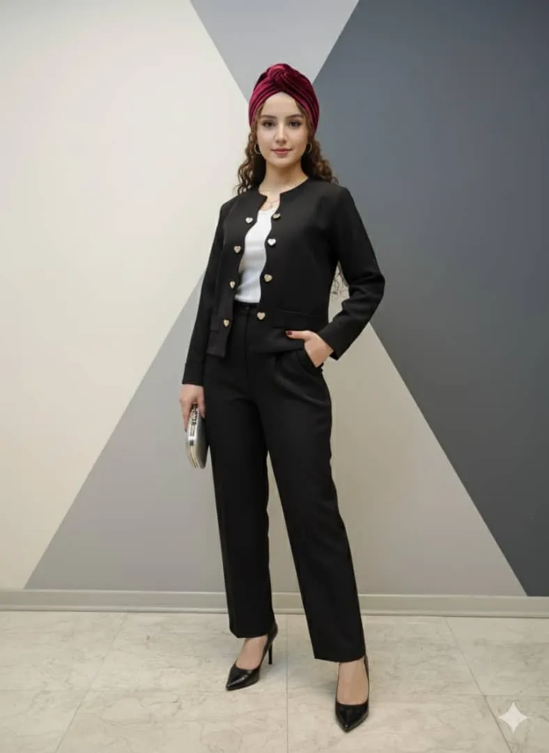 کت و شلوار دکمه قلبی دخترانه مشکی رنگ دارای سه سایز مناسب دختران 8 تا 18 سال