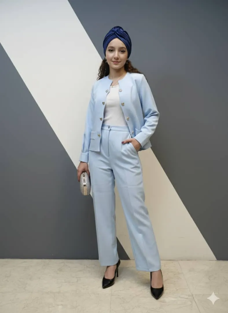 کت و شلوار دکمه قلبی دخترانه آبی سه سایزی مناسب نوجوان