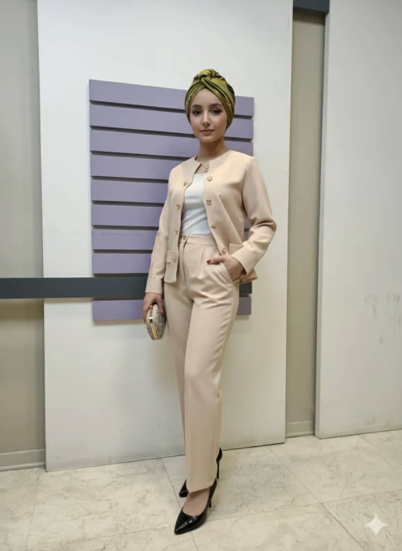 کت و شلوار دکمه قلبی دخترانه کرم دارای سه سایز مناسب نوجوان 8 تا 18 سال