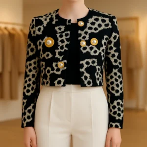 کراپ کت ژاکارد با بافت و دکمه برجسته