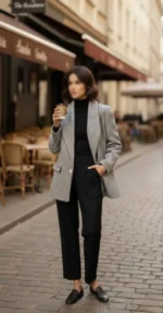 کت یقه آمریکایی پشت بلند زنانه تنخور روی تن مدل