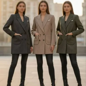 کت اداری زنانه طرح دیپلمات راه‌ راه با یقه بلیزر و جیب کاربردی