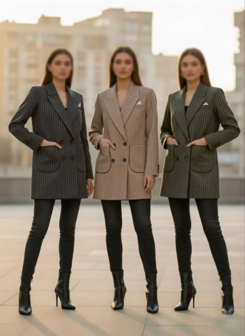 کت اداری زنانه طرح دیپلمات راه‌ راه با یقه بلیزر و جیب کاربردی