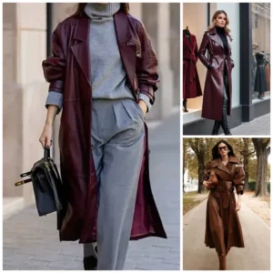 مدل پالتو بلند چرم براق و استایل کردن 