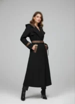 بارانی آستردار زنانه سانتانا مشکی کلاه دار و کمربند دار