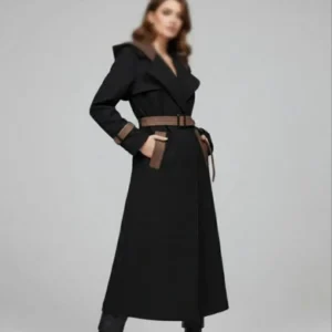 بارانی آستردار زنانه سانتانا مشکی کلاه دار و کمربند دار