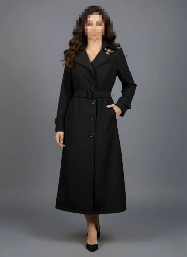 بارانی آستردار زنانه با پارچه سانتانا و کلاه چهارخانه پشمی قابل جدا شدن