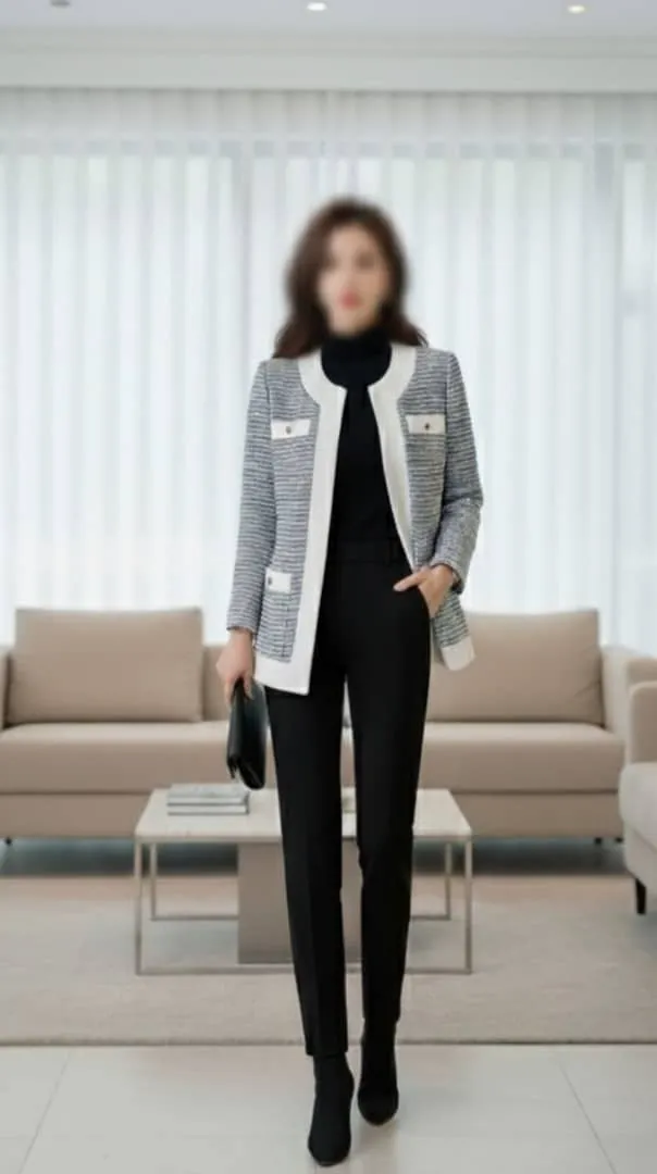 تنخور کت پاییزه زنانه استر دار شنل راه راه روی مدل از جلو