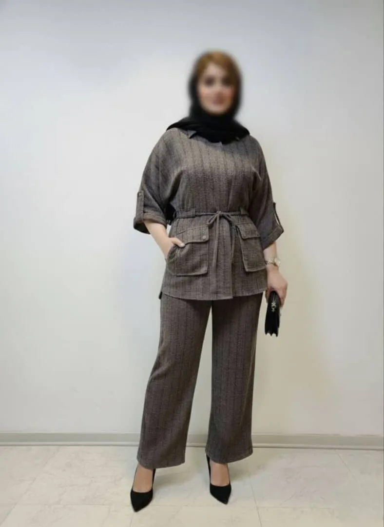 شومیز و شلوار زنانه فری سایز گتر دار با آستین سه ربع و کمربند قابل تنظیم