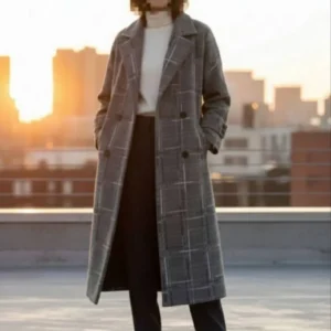 تنخور پالتو فوتر چهارخونه آستردار زنانه یقه انگلیسی به رنگ طوسی