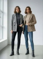 کت فوتر چهارخونه زنانه در دو رنگ کرم و طوسی با طراحی کلاسیک