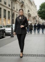 تنخور کت کتان زنانه مشکی تک‌دکمه با دوخت قرمز روی کار