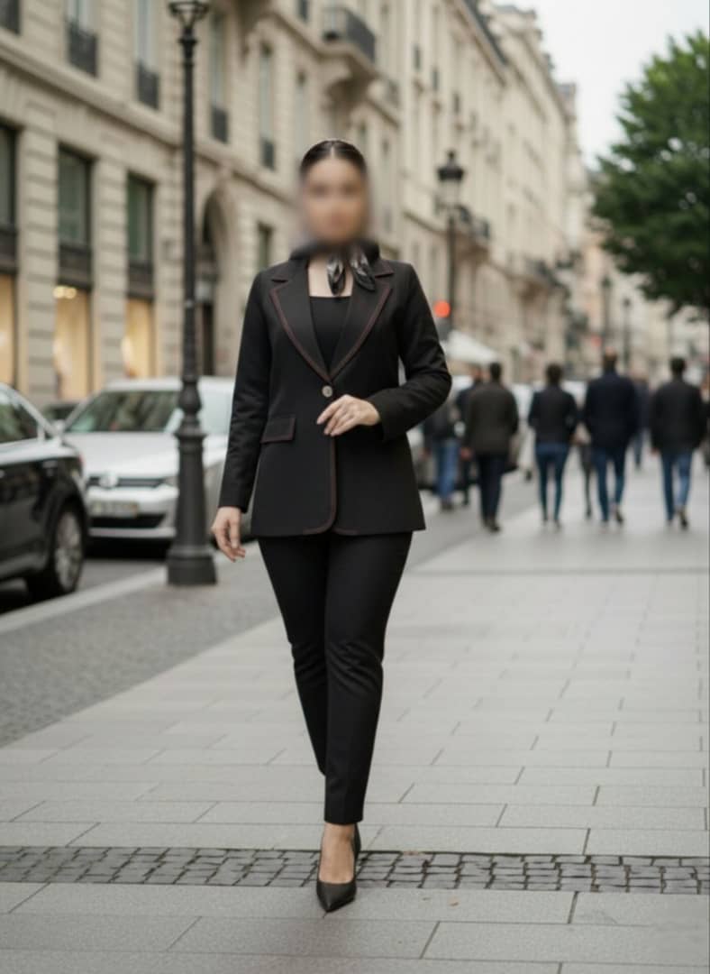 تنخور کت کتان زنانه مشکی تک‌دکمه با دوخت قرمز روی کار