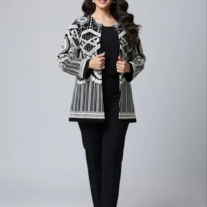 مانتو کتی سوزن دوزی مجلسی مشکی با سوزن دوزی سفید