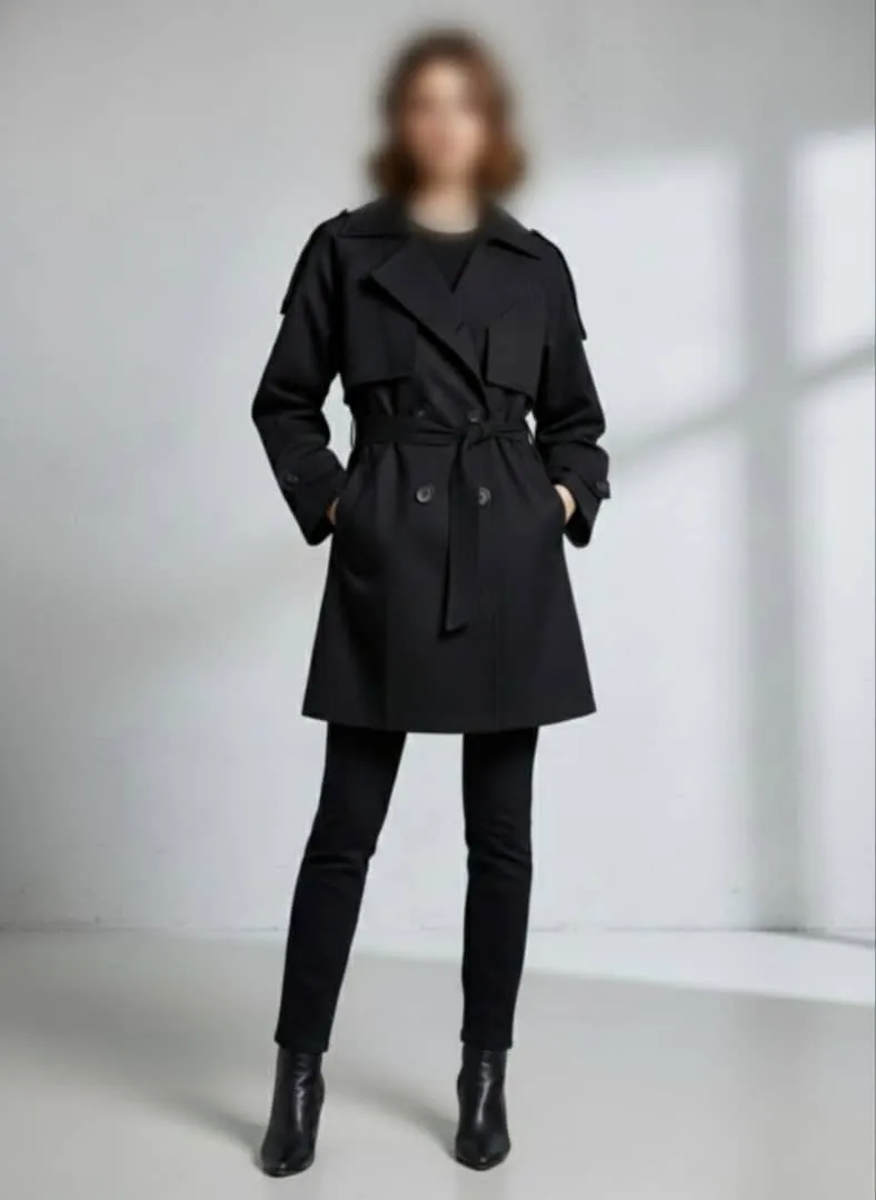 ترنچ کت زنانه مشکی یقه انگلیسی کمربند‌دار با طراحی شیک و قد ۸۰ سانتی‌متر