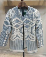 مدل مانتو کتی سوزن دوزی مجلسی آبی با سوزن دوزی سفید