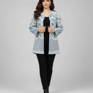 مانتو کتی سوزن دوزی مجلسی آبی با سوزن دوزی سفید