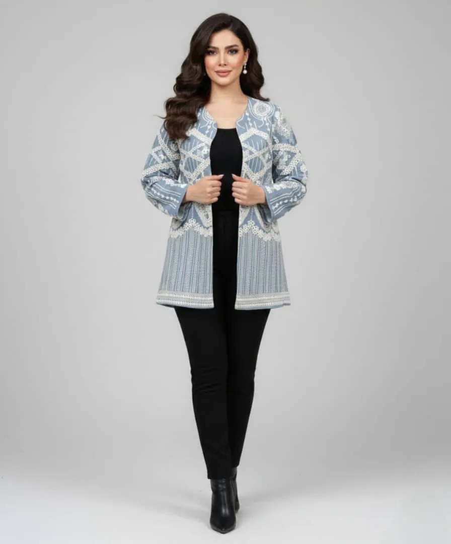 مانتو کتی سوزن دوزی مجلسی آبی با سوزن دوزی سفید