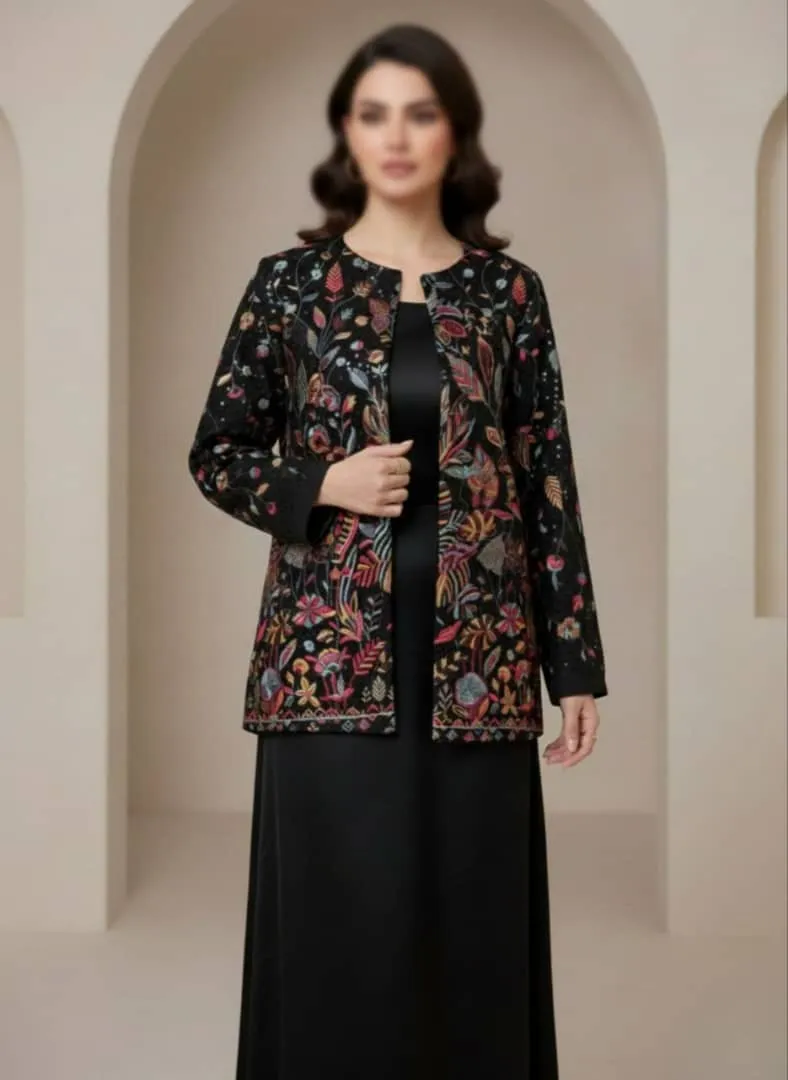 مدل تنخور کت زنانه مشکی سوزن دوزی سنتی طرح گل و برگ