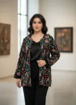 کت مخمل مشکی سوزن دوزی با طرح گل و پرنده