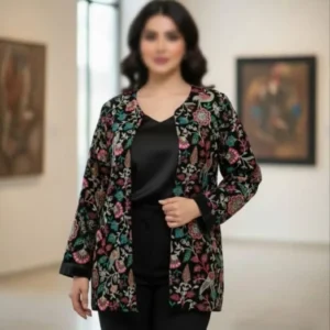 کت مخمل مشکی سوزن دوزی با طرح گل و پرنده