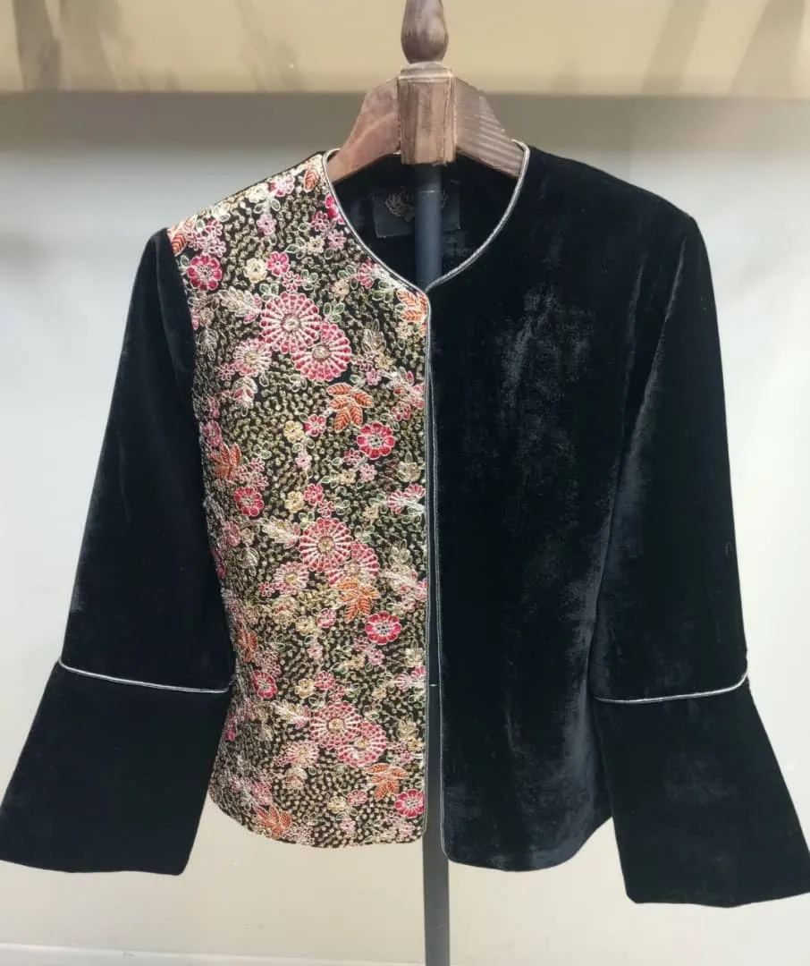 کت کراپ مخمل دوزی گلدار نواردوزی