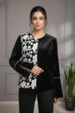 تنخور کت مخمل مشکی با سوزن دوزی طرح گل سفید