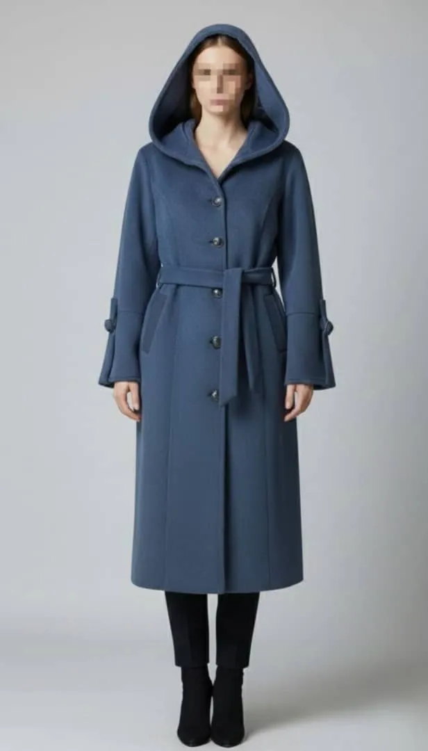 پالتو فوتر کج راه کلاه دار کمربند دار رنگ آبی