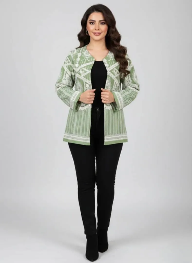 مانتو کتی سوزن دوزی مجلسی سبز با سوزن دوزی سفید