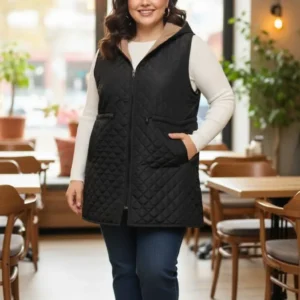 پافر دو رو زنانه سایز بزرگ مشکی کلاه دار کمر گت دار