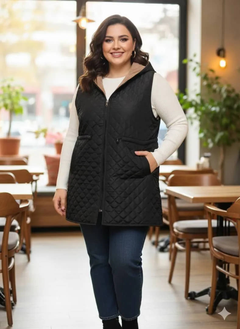 پافر دو رو زنانه سایز بزرگ مشکی کلاه دار کمر گت دار