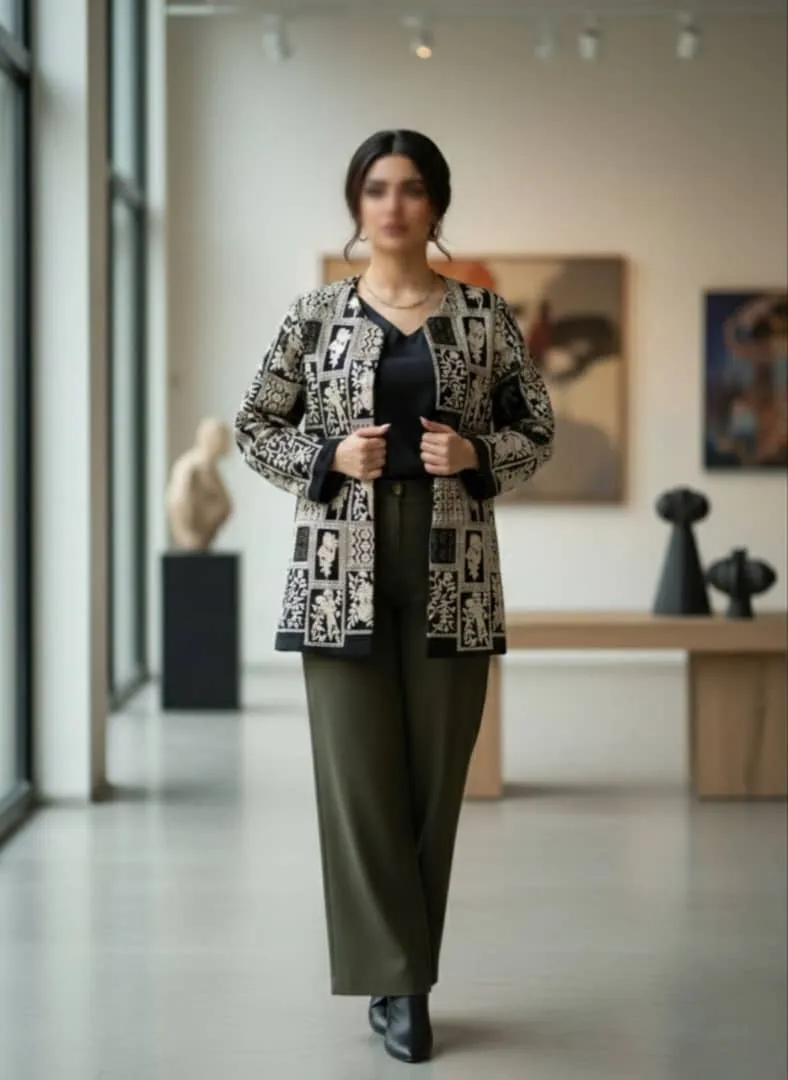 مانتو کتی قلاب دوزی طرح موتیف مشکی