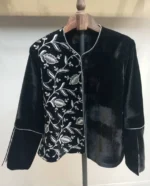 کت مخمل مشکی با سوزن دوزی طرح برگ سفید
