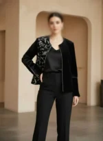 مدل تنخور کت مخمل مشکی با سوزن دوزی طرح برگ سفید