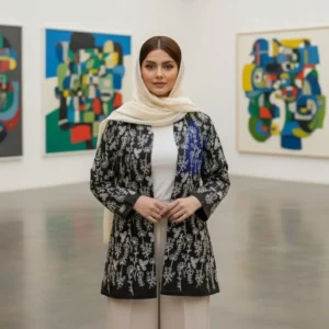 مدل کت مشکی جین قلاب بافی طرح قاصدک
