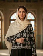 مدل تنخور کراپ کت زنانه مشکی با طرح گل چهارپر سفید قلاب‌بافی دستی - کت تابستانه لینن فری سایز