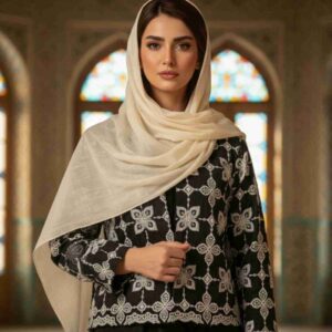 مدل تنخور کراپ کت زنانه مشکی با طرح گل چهارپر سفید قلاب‌بافی دستی - کت تابستانه لینن فری سایز