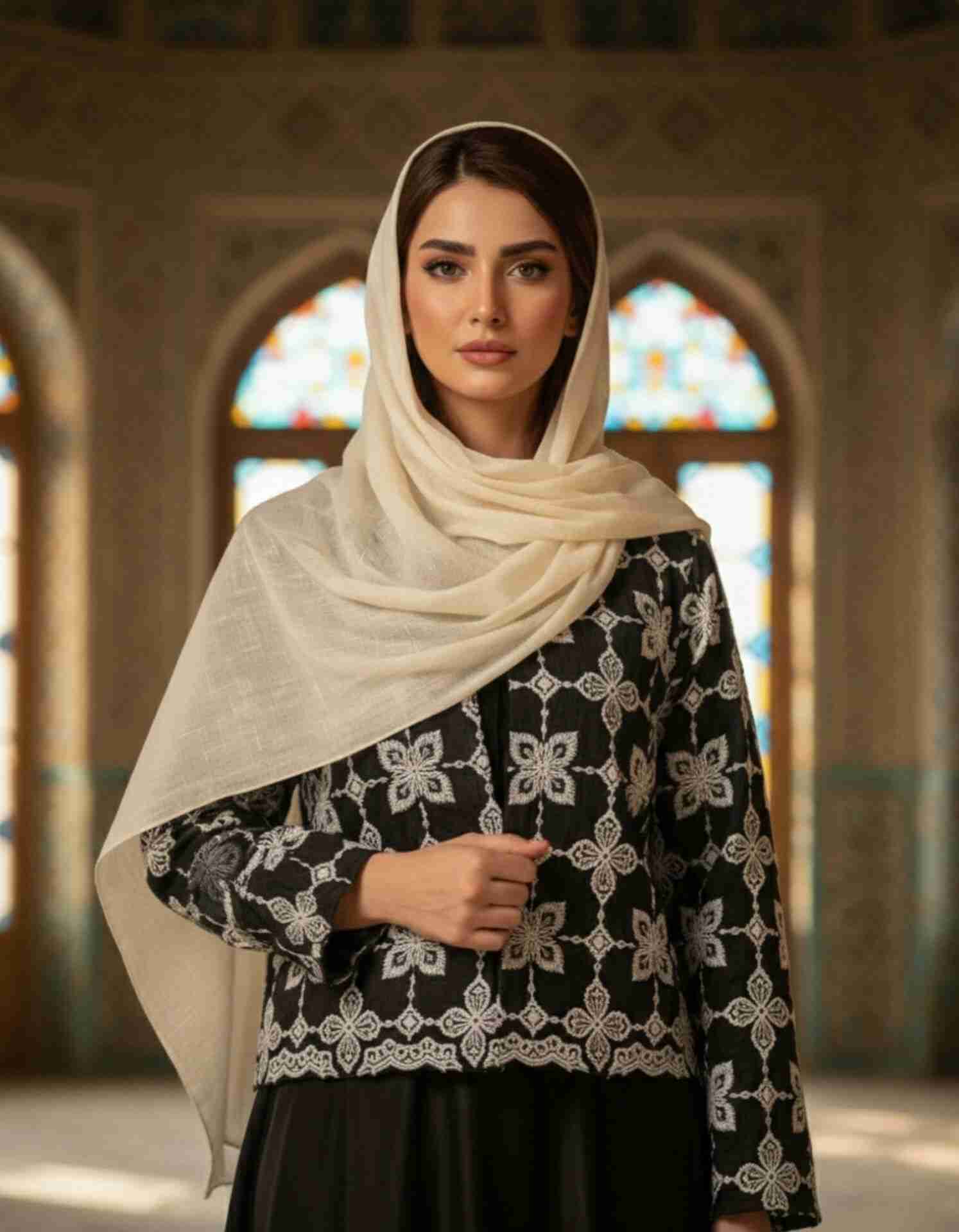 black-four-petal-floral-pattern-crop-coat-model مدل تنخور کراپ کت زنانه مشکی با طرح گل چهارپر سفید قلاببافی دستی - کت تابستانه لینن فری سایز